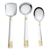 FnS RAGA 24 Karat Gold Plated Stainless Steel Serving Set of 3 (1 Veg Serving Large, 1 Gravy Ladle, 1 Serving Spoon Large) for Home, Kitchen and Dinning